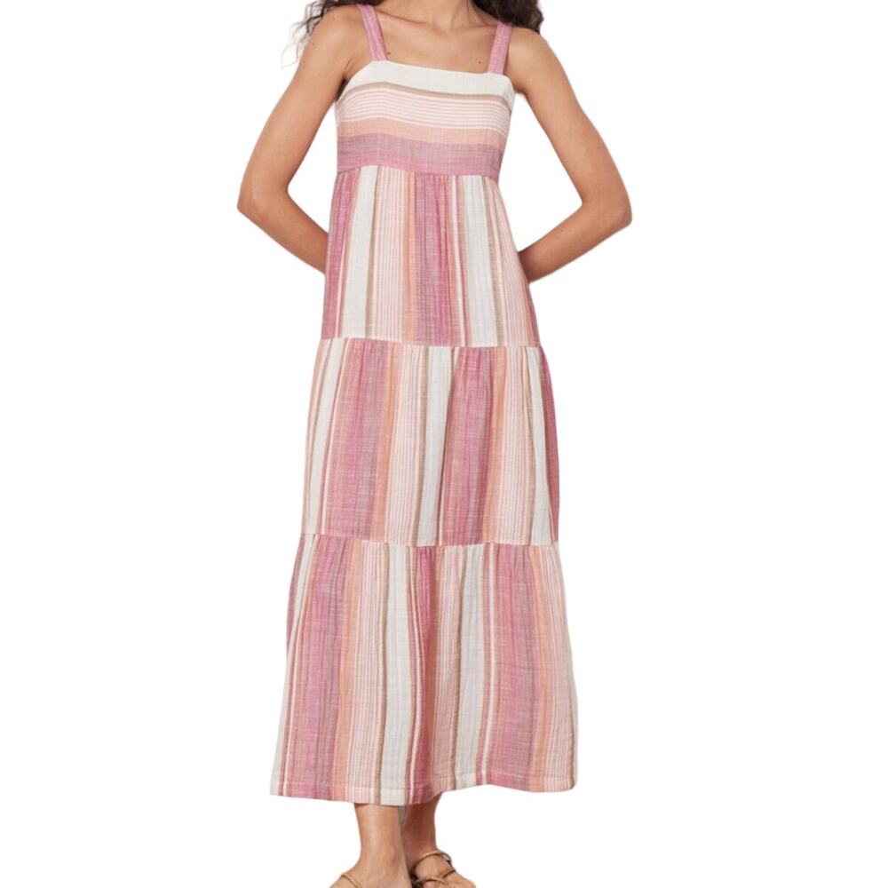 Faherty Sarah Maxi Summer Dress Oia-Oia Stripe Tiered Organic Cotton Pink L NWT